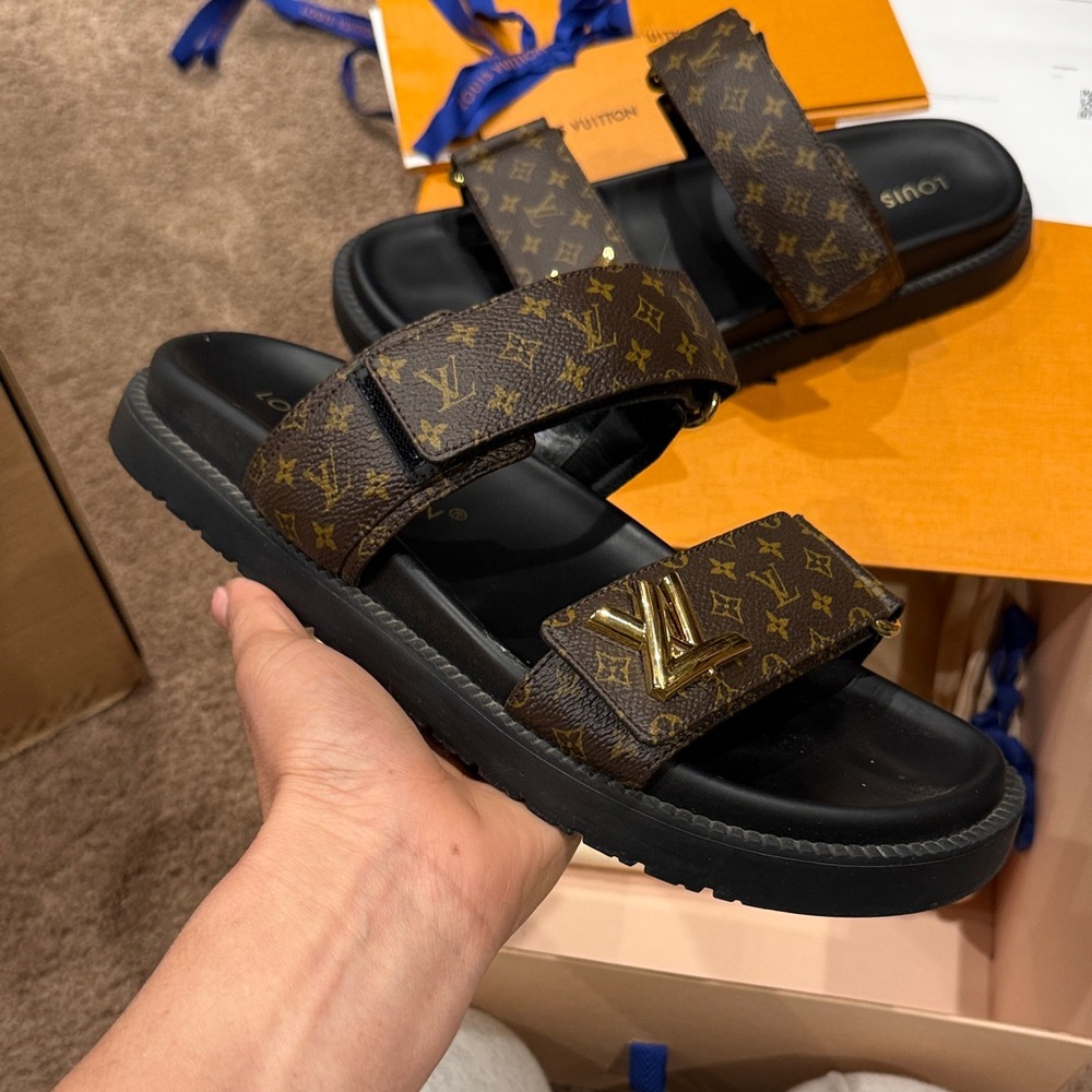 Louis Vuitton Black and Brown Monogram Slides - Picture 3 of 8
